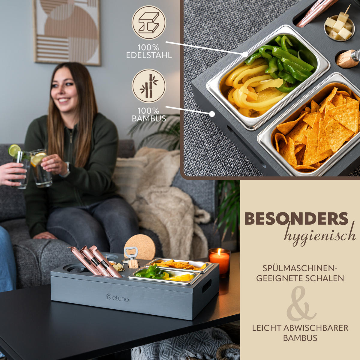 COUCHBAR mit abnehmbarem Deckel, Bambus, grau - Dunkelgrau, Holz (27.5/8/40cm) - eluno