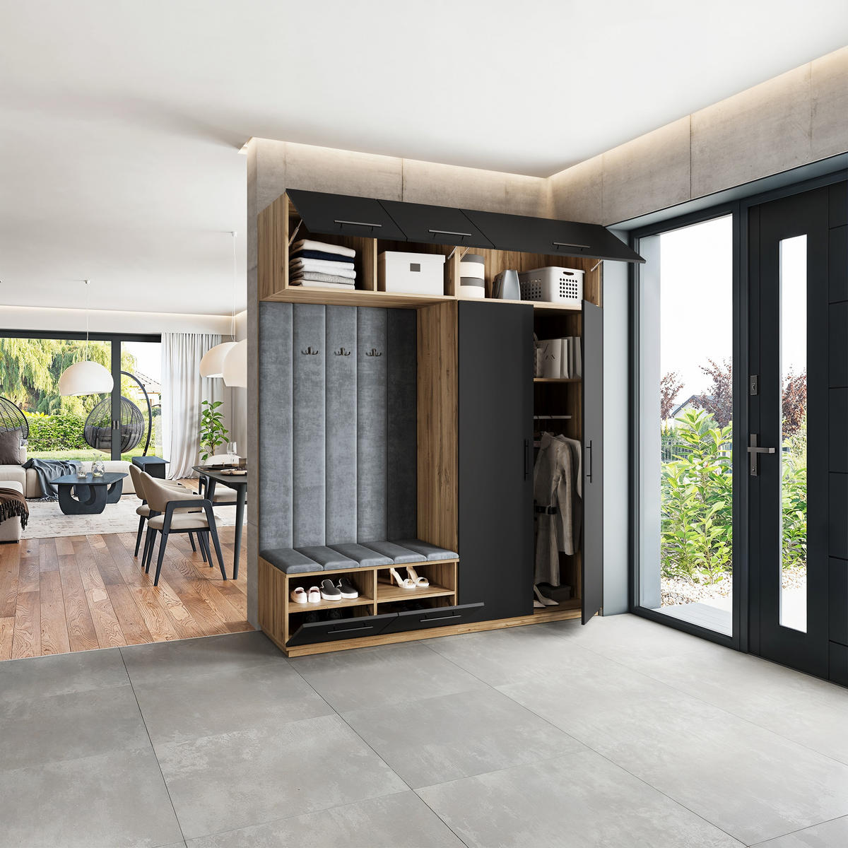 GARDEROBENSCHRANK REMA 200/240/60 cm Modern Garderobe-Set Eiche Wotan - Eiche Wotan/Schwarz, Holzwerkstoff (200/240/60cm) - MASSENO