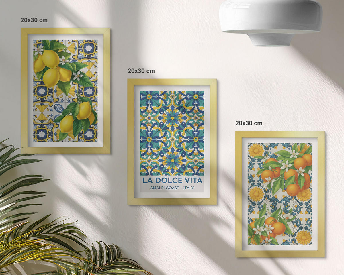 BILDER SET 3er Set - 20x30 cm Goldrahmen - Zitronen, Orangen, Blumen, Italien - Goldfarben, Kunststoff (20/30cm) - TULUP