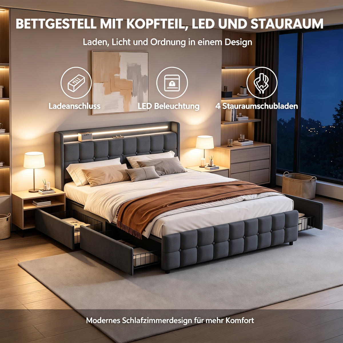 POLSTERBETT 160x200 mit Stauraum, Bettgestell 160x200 mit 4 Schubladen, Kopfteil mit USB und LED, Lattenrost, Bezug aus Leinen, Grau - Grau, Holz/Holzwerkstoff (160/200cm) - GENKI LIVING