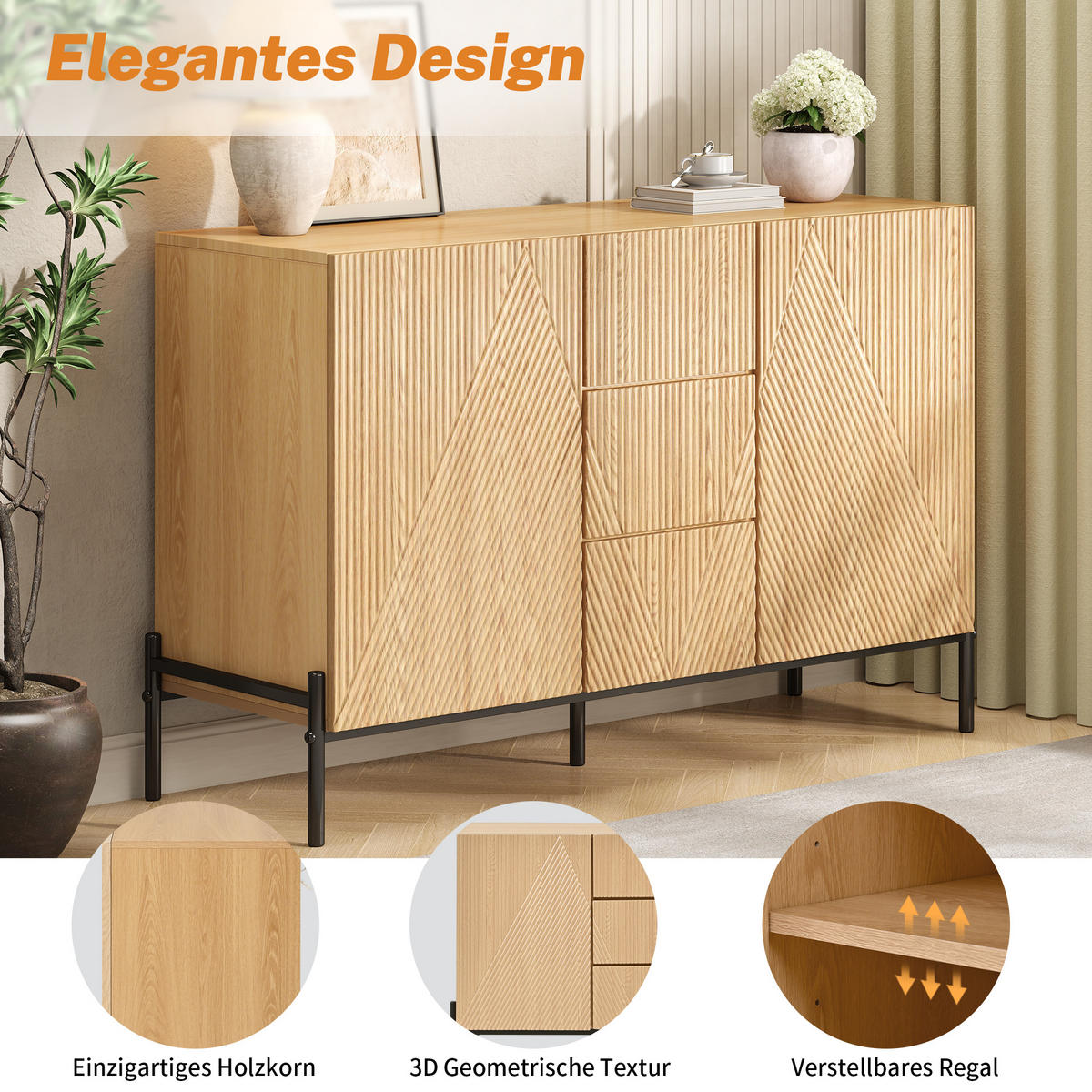 SIDEBOARD 115,5/40/76 cm Natur aus MDF mit Türen und Schubladen - Naturfarben, Holzwerkstoff (115.5/76/40cm) - OKWISH
