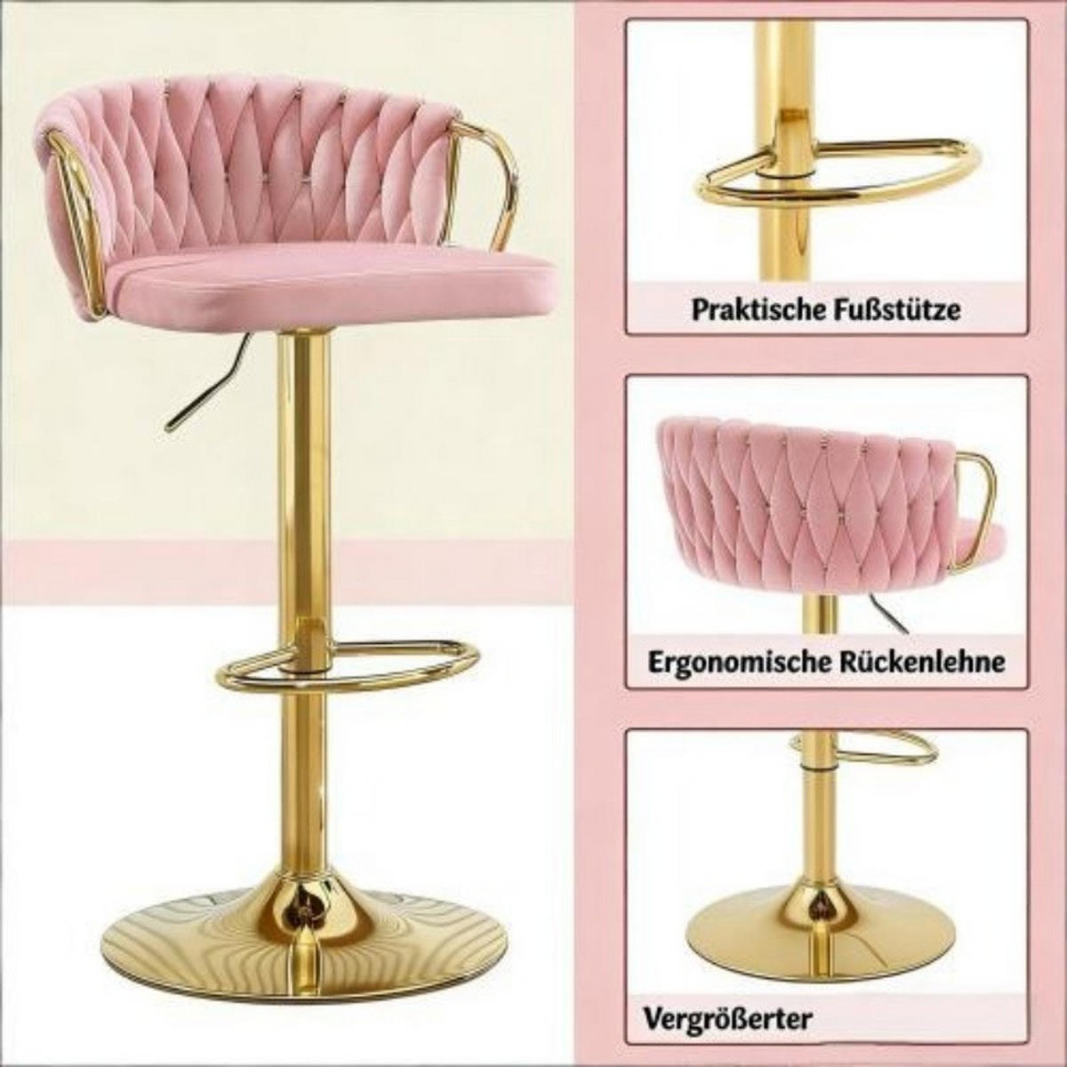 BARHOCKER höhenverstellbar 77-98 cm Samt Pink 2er-Set - Pink, Metall (49.5/98/50.51cm) - Meubliv