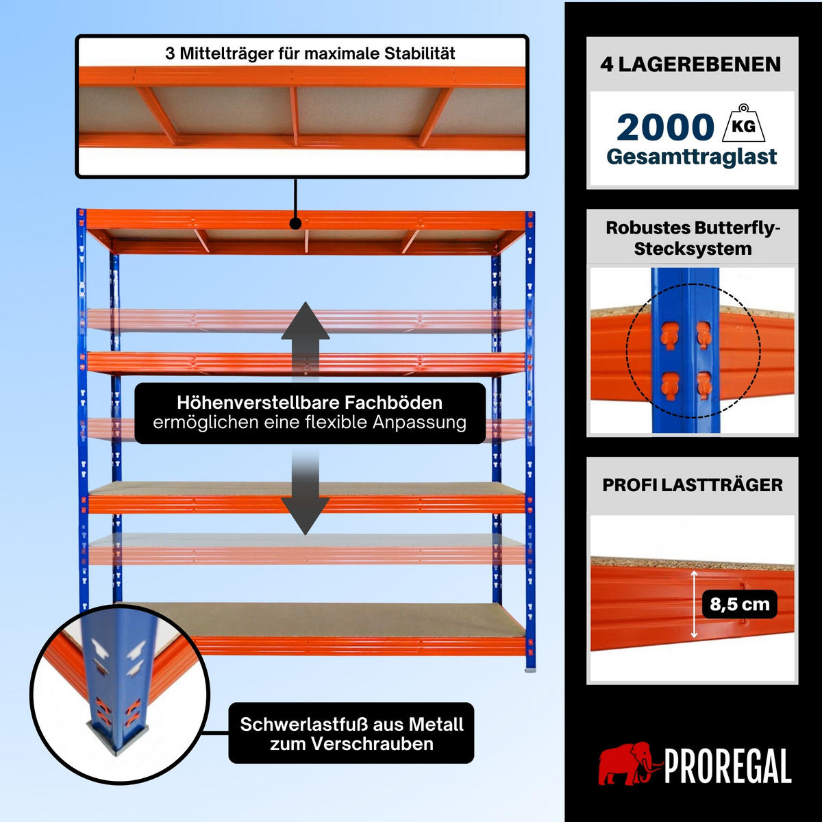 SCHWERLASTREGAL Rhino 200x200x60 cm 4 Spanplatten-Ebenen 8mm Fachlast 500 kg Blau/Orange - Blau/Orange, Metall (200/200/60cm) - PROREGAL