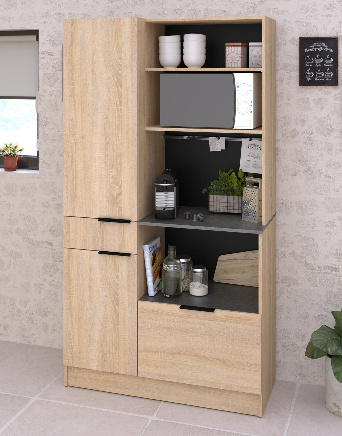 BUFFET Küche Eiche, grau 100 cm Küchenschrank mit viel Stauraum - Eichefarben/Schwarz, Holzwerkstoff/Metall (100/186/186cm) - Parisot Meuble