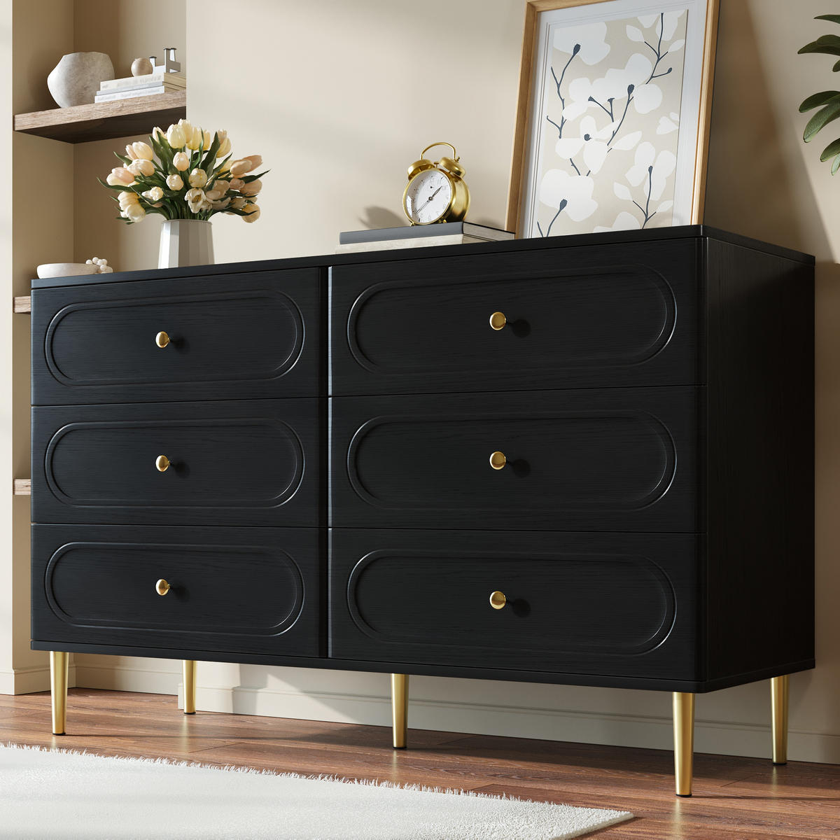 SIDEBOARD 6 Schubladen Metallfüße ovale Vertiefungen modern - Schwarz, Holzwerkstoff (40/75/120cm) - FLIEKS
