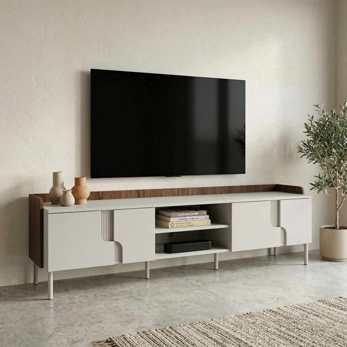 LOWBOARD Positivo mit 4 Türen, 200 cm, Alba-Nuss + Kaschmir - Nussbaumfarben, Holzwerkstoff (200/51/42cm) - Beautysofa