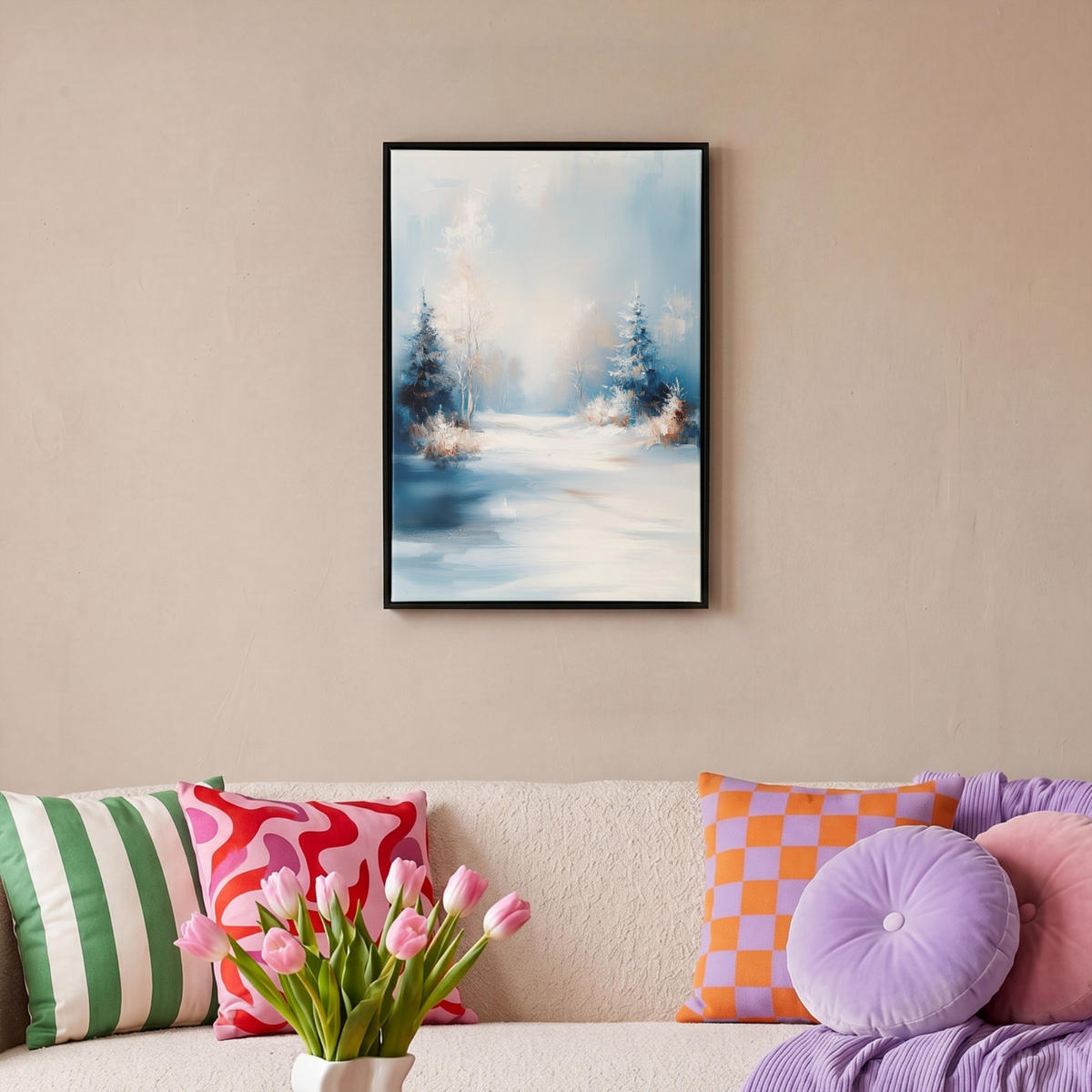 LEINWAND Bilder mit Rahmen - Wald – Winter – Natur – Abstrakt – Schnee - 40x60 - Weiß, Textil (40/60cm) - MuchoWow