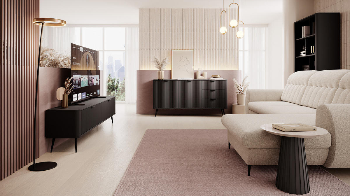 SIDEBOARD Flore 163 cm Schwarz - mit 3 Schubladen und 2 Türen - Riffel-Optik - Schwarz, Holz/Holzwerkstoff (163/81/38cm) - Ravio