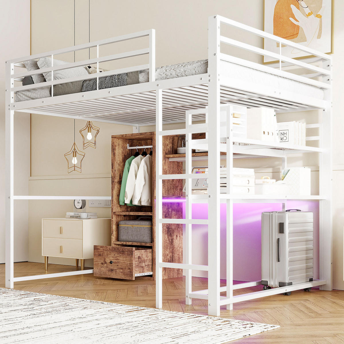 HOCHBETT aus Metall und MDF 140x200 cm Weiß mit LED-Beleuchtung, Schreibtisch, Regal und Schublade - Weiß, Holzwerkstoff (90/190cm) - Modfu