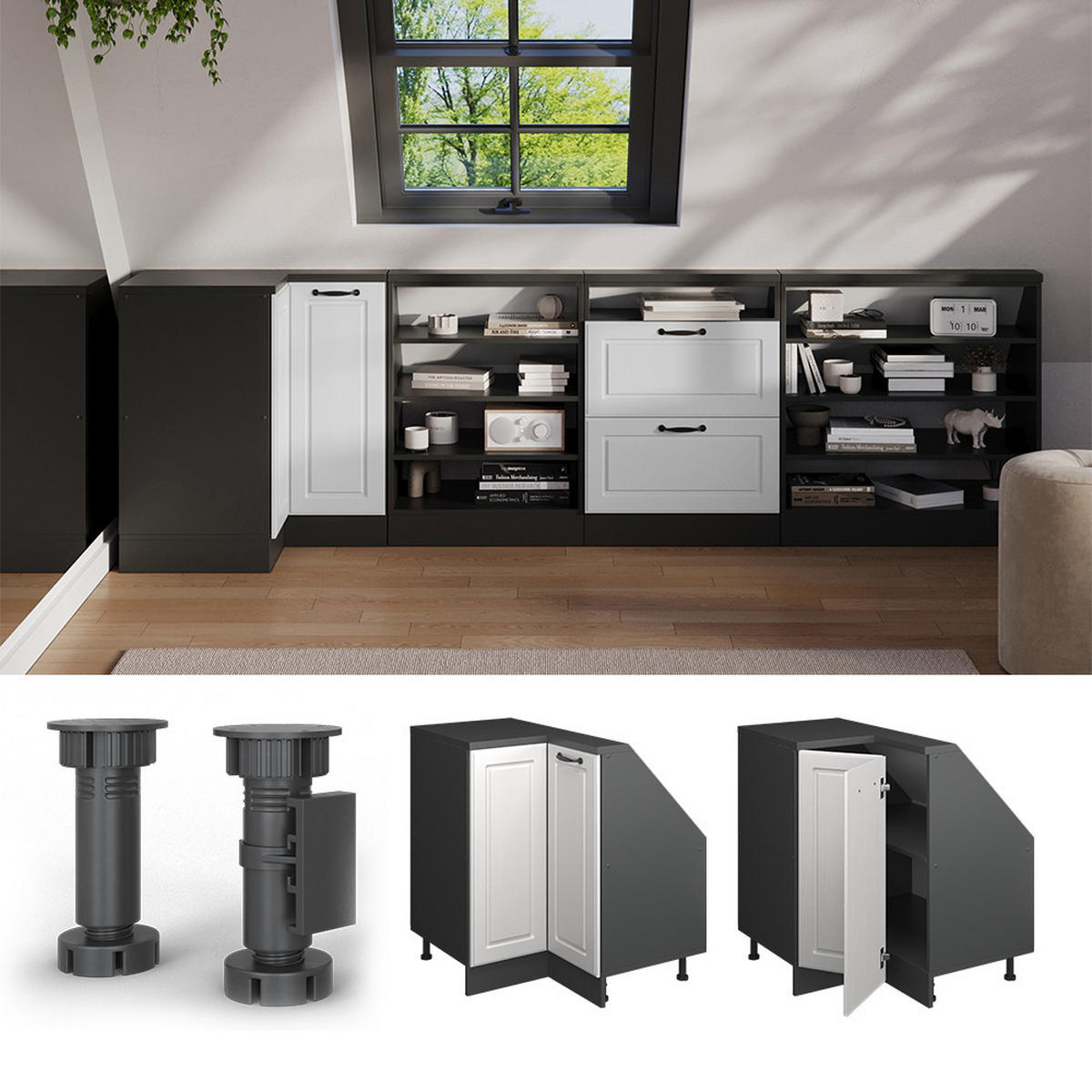 DACHSCHRÄGENSCHRANK ECKSCHRANK Rion Weiß Landhaus/Anthrazit 75.6 x 81.6 cm mit 1 Tür - Anthrazit/Weiß, Holzwerkstoff (75.6/81.6/75.6cm) - Vicco