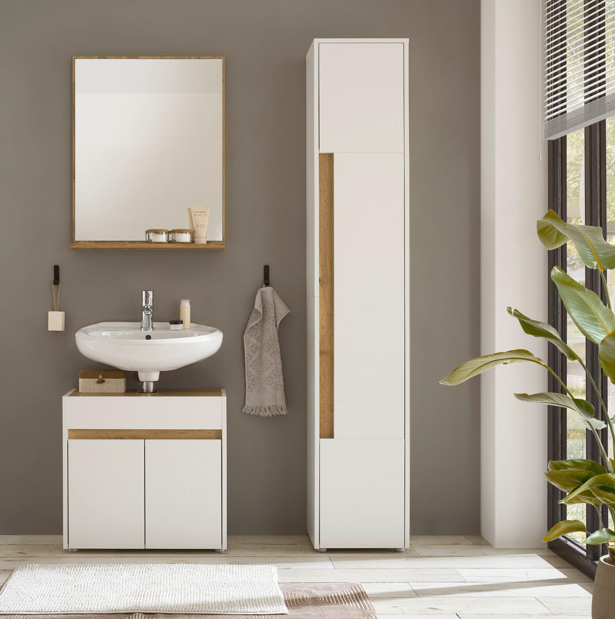 BADMÖBEL-SET 3-teilig weiß, Wotan Eiche, Badkombination 114 cm - Silberfarben/Eiche Wotan, Glas/Holz (116/200/34cm) - Furn.Design