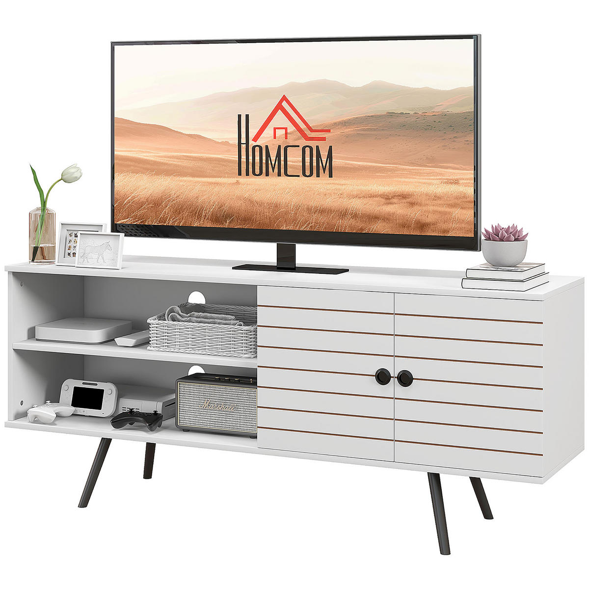 TV-LOWBOARD Weiß 145/38/65 cm, Soft-Close, Kabelmanagement, Holzbeine - Weiß, Holzwerkstoff (145/65/38cm) - PANGIVO