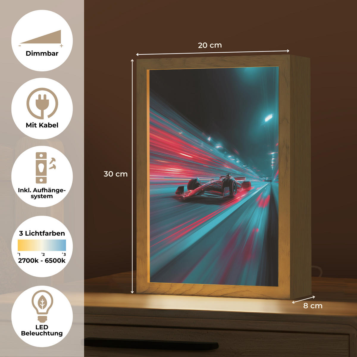 NÁSTĚNNÁ LAMPA Závodní auto - Červená - Rychlost 20x30 cm - tyrkysová, kompozitní dřevo (20/30/8cm) - OnlyWow