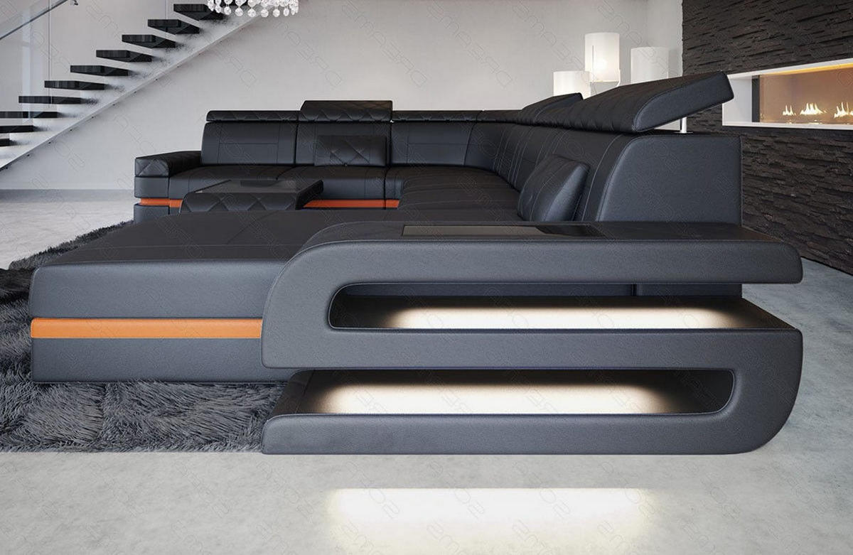 WOHNLANDSCHAFT Bologna Schwarz Orange Büffelleder - Schwarz, Leder (397/89/299cm)
