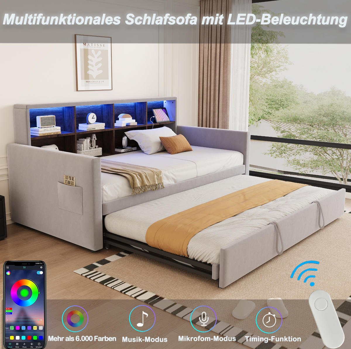 POLSTERBETT 90/190 cm Hellgrau aus Samt mit Ausziehbett - Hellgrau, Textil (90/190cm) - OKMYHOME
