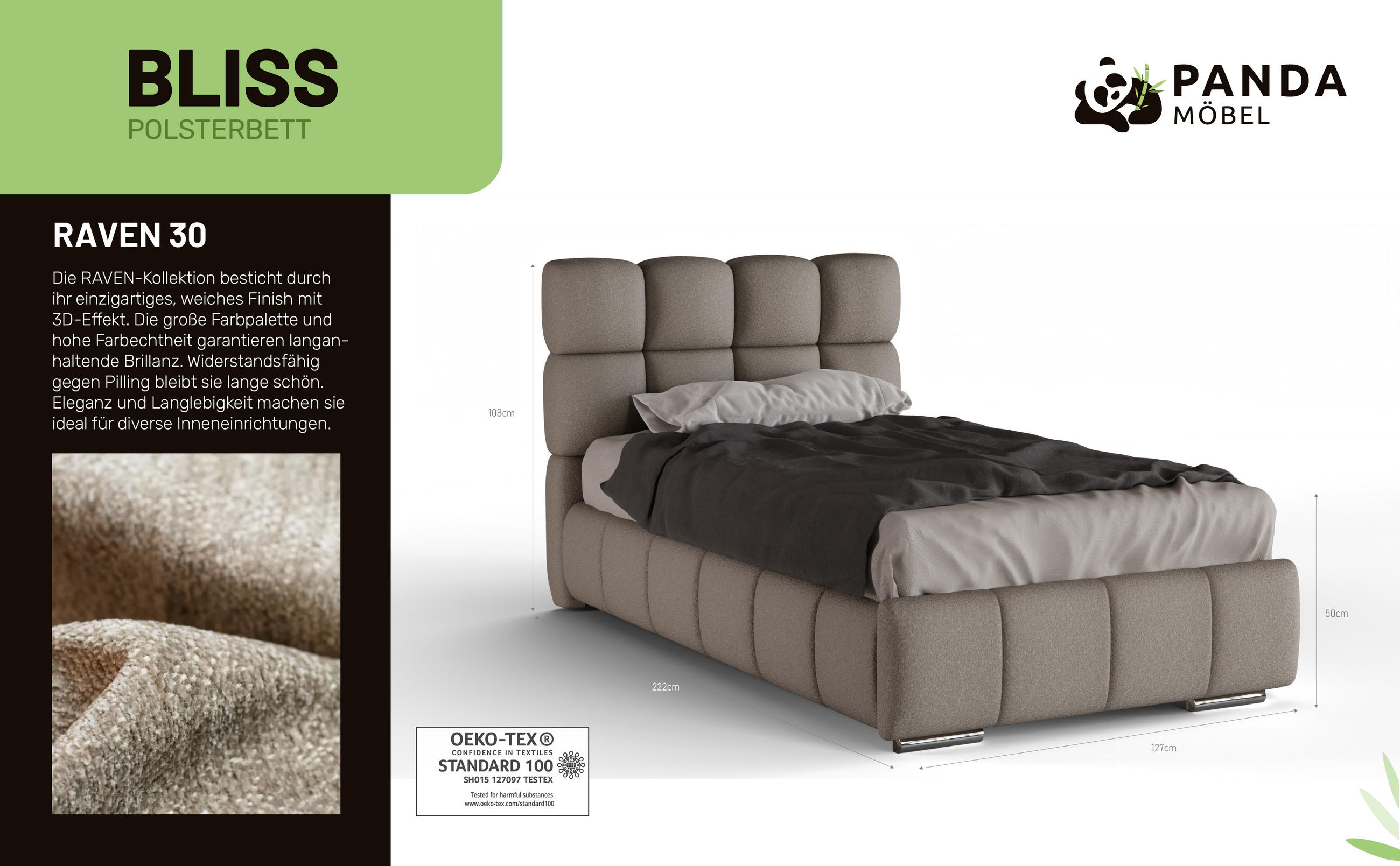 Thumbnail - Panda Möbel Polsterbett, Braun, Holz, Mode, 100x200 cm, Oeko-Tex® Standard 100, Schlafzimmer, Betten, Polsterbetten