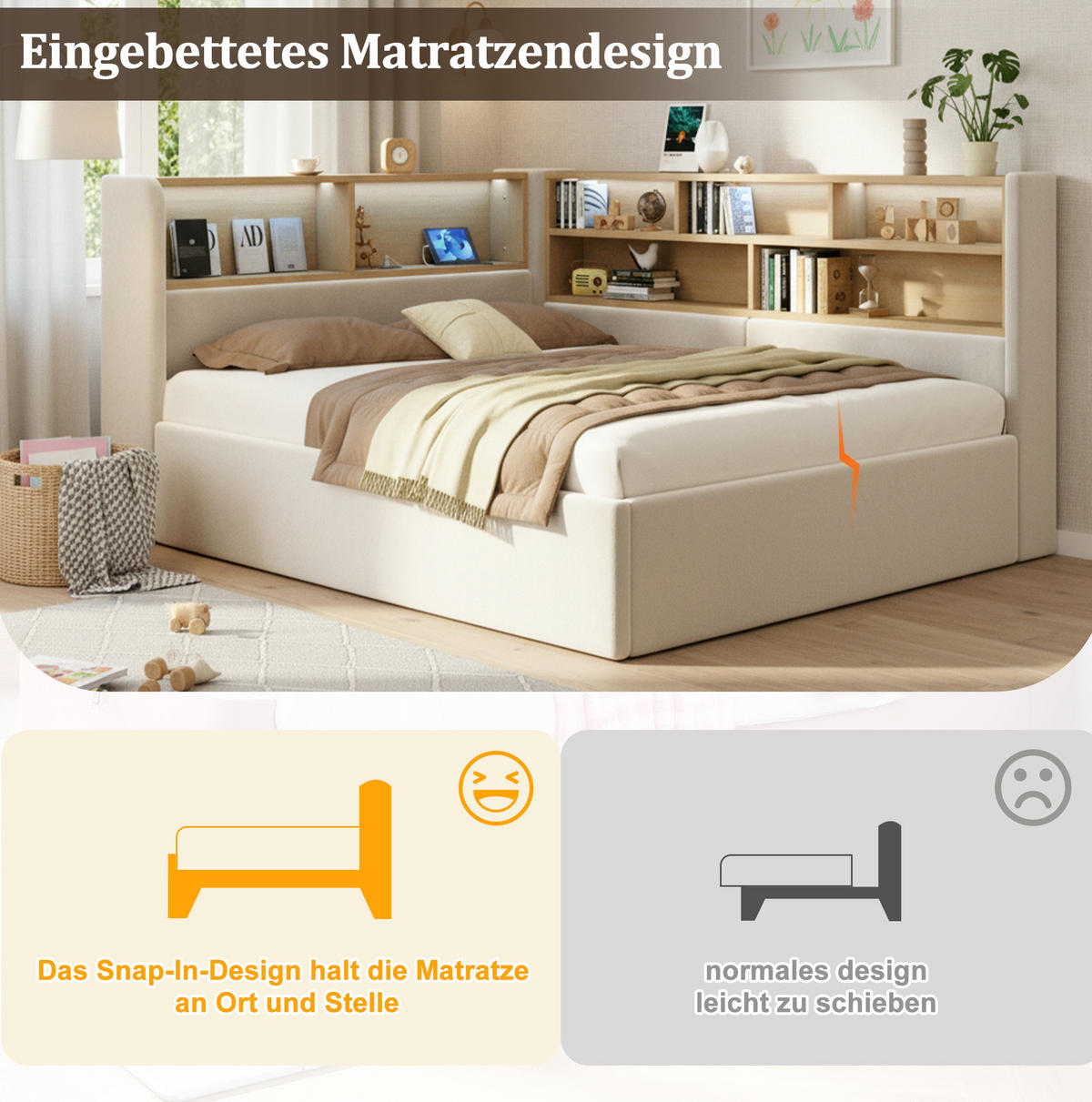 POLSTERBETT aus Samt 140x200 cm Beige mit hydraulischem Stauraum, LED-Beleuchtung und USB-/Type-C-Anschlüssen - Beige, Textil (140/200cm) - Modfu
