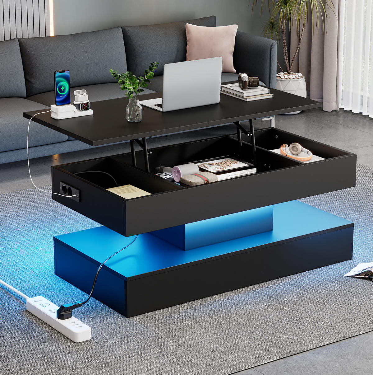COUCHTISCH höhenverstellbar, Spanplatte schwarz, mit LED-App-Steuerung & Stauraum, 100/50/42 cm,schwarz - Schwarz, Holzwerkstoff (50/100/42cm) - Redom