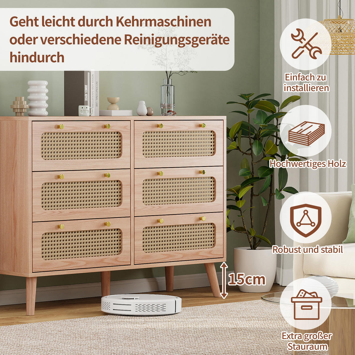KOMMODE Buffet mit 6 Schubladen, Massivholzbeinen, Modernes Design, Braun - Braun, Holz (34/73/100cm)