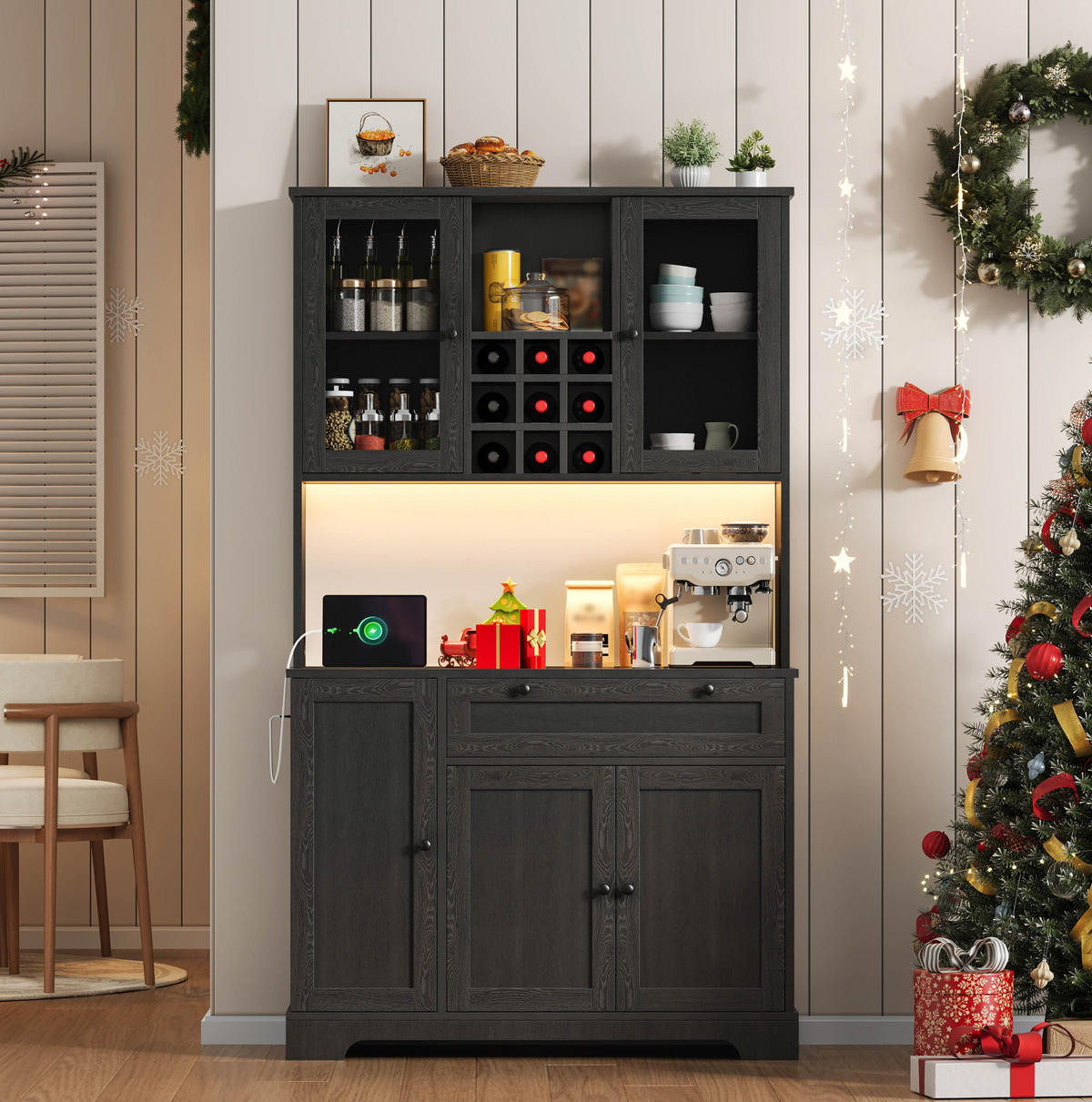BUFFETSCHRANK aus MDF 40x105x180 cm Schwarz mit LED-Beleuchtung, Steckdosenleiste, Weinregal und verstellbaren Einlegeböden - Schwarz, Holzwerkstoff (105/180/40cm) - Modfu