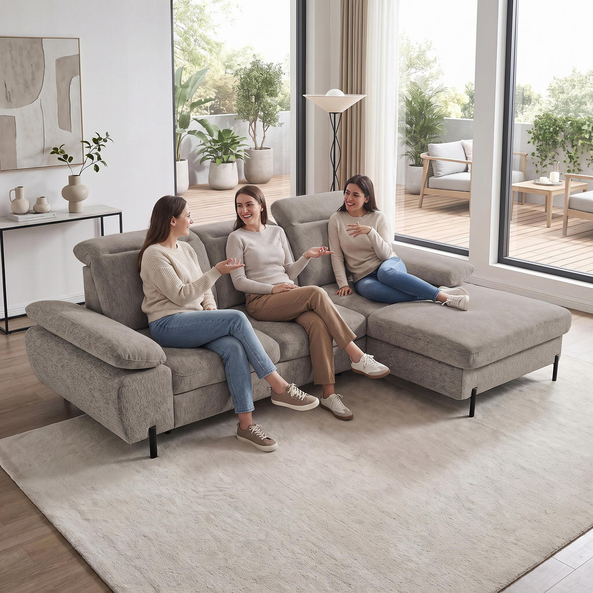 ECKSCHLAFSOFA Sora Mini mit verstellbaren Kopfstützen und Schlaffunktion, Chenille-Stoff, Hellbraun, Rechts - Hellbraun/Schwarz, Textil (190/285cm) - Beautysofa