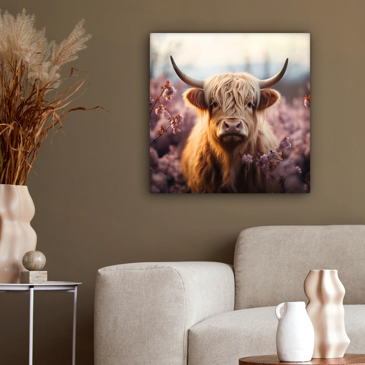 LEINWANDBILD - Schottischer Hochländer - Frühling - Hochland - 50x50 - Room Decor - Hellrosa, Textil (50/50cm) - MuchoWow