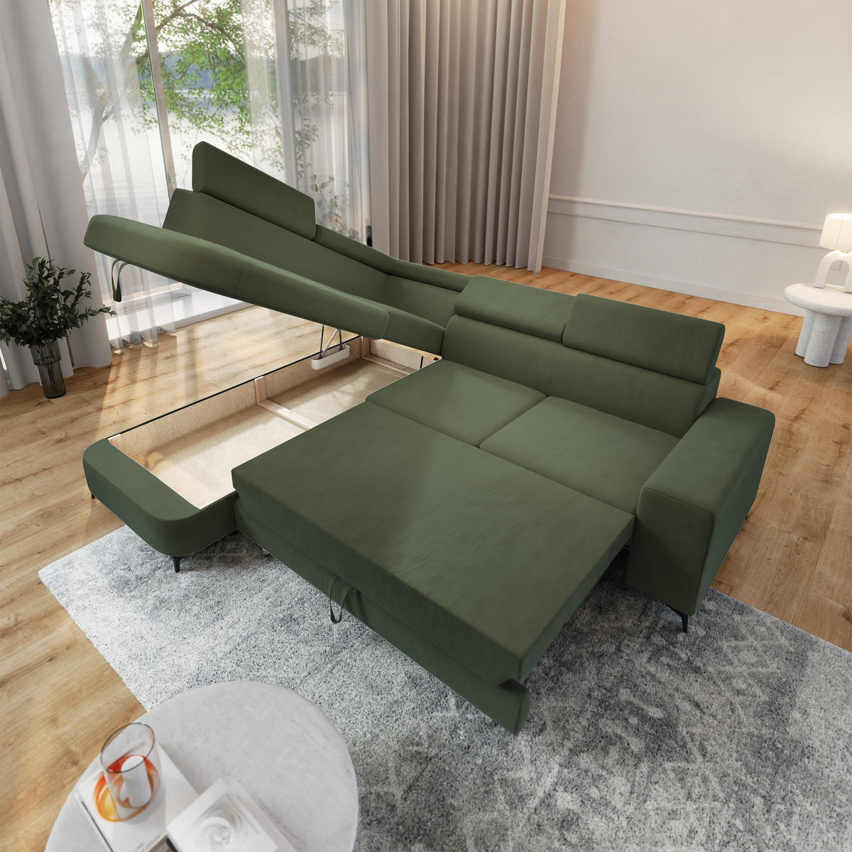 ECKSOFA ALVORO L-S Grün Velours-Stoff mit Schlaffunktion - Grün, Holz (253/190cm) - MASSENO