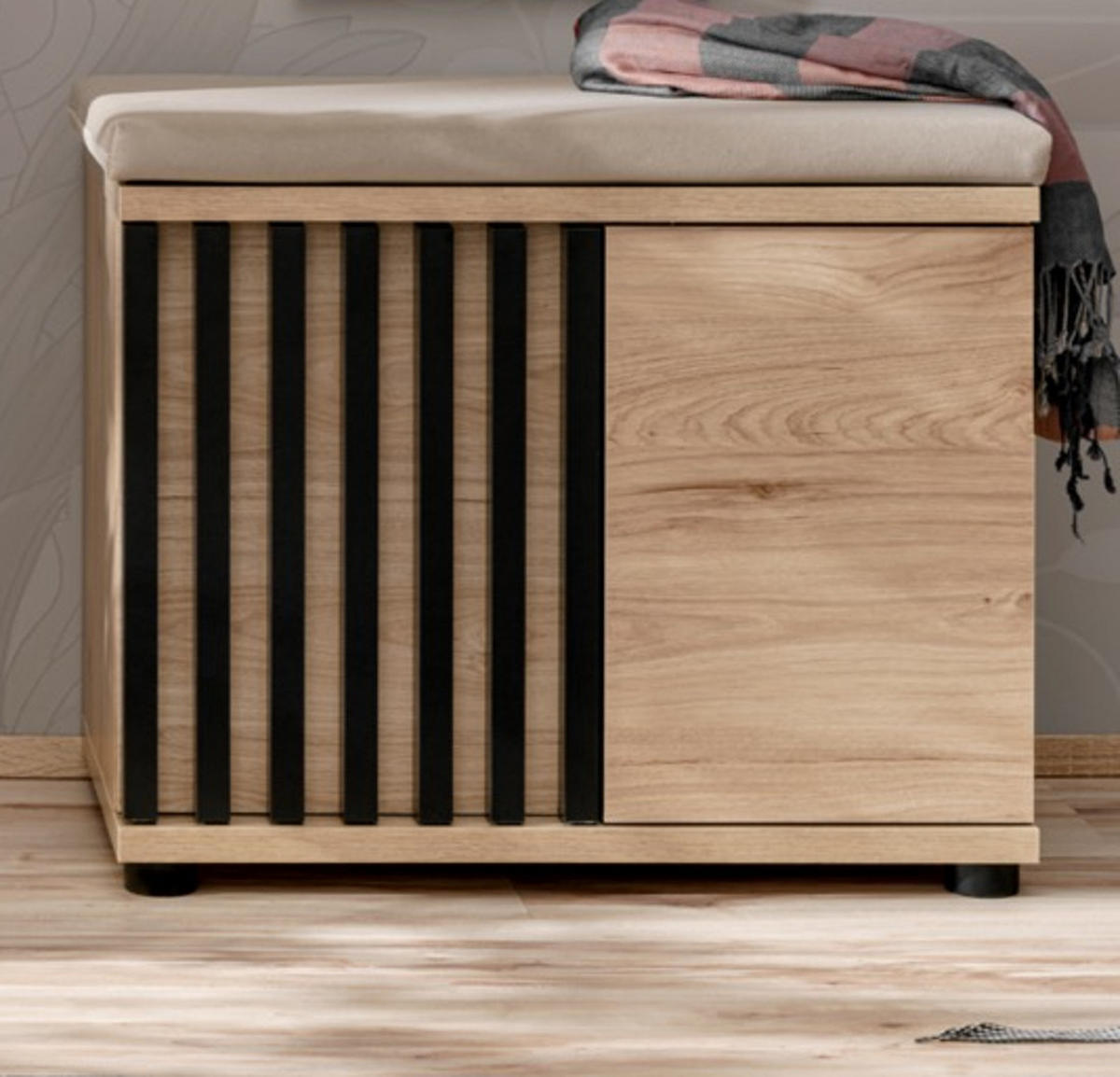 GARDEROBENBANK Eiche Jackson 60 cm, Sitzbank mit Stauraum - Eichefarben/Schwarz, Holzwerkstoff/Kunststoff (60/46/35cm) - Furn.Design