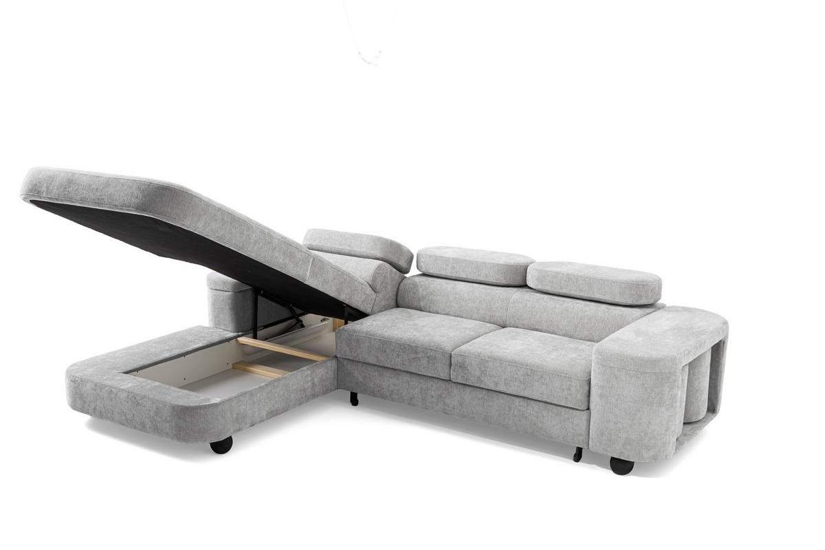 ECKSOFA LOVE L Links mit Schlaffunktion 124x210 Chenille Hellgrau - Hellgrau/Schwarz, Holz/Textil (284/205cm) - Muffo