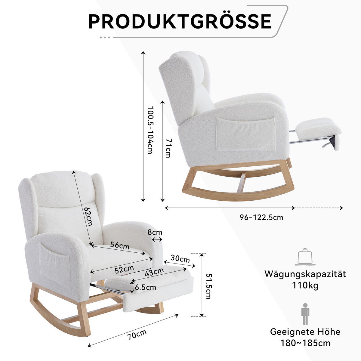 SCHAUKELSTUHL Teddy-Stoff mit ausziehbarer Fußstütze und Tasche 122.5/70/104 cm Weiß - Weiß, Textil (70/104/122.5cm) - Redom