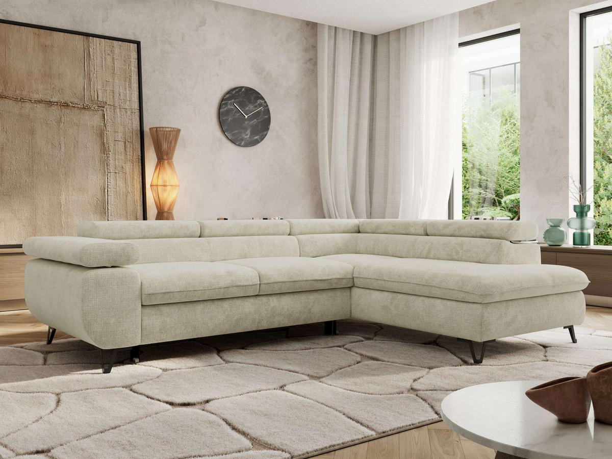 ECKSOFA PABLO L Creme Schenille grob gewebt - Rechts Seite mit T25 Topper - Creme/Schwarz, Textil/Metall (273/208cm) - MKS