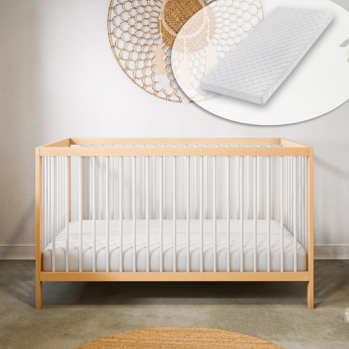 BABYBETT mit Matratze 70x140 cm in Natur-Weiß - Naturfarben/Weiß, Holz (70/140cm) - Kids Collective