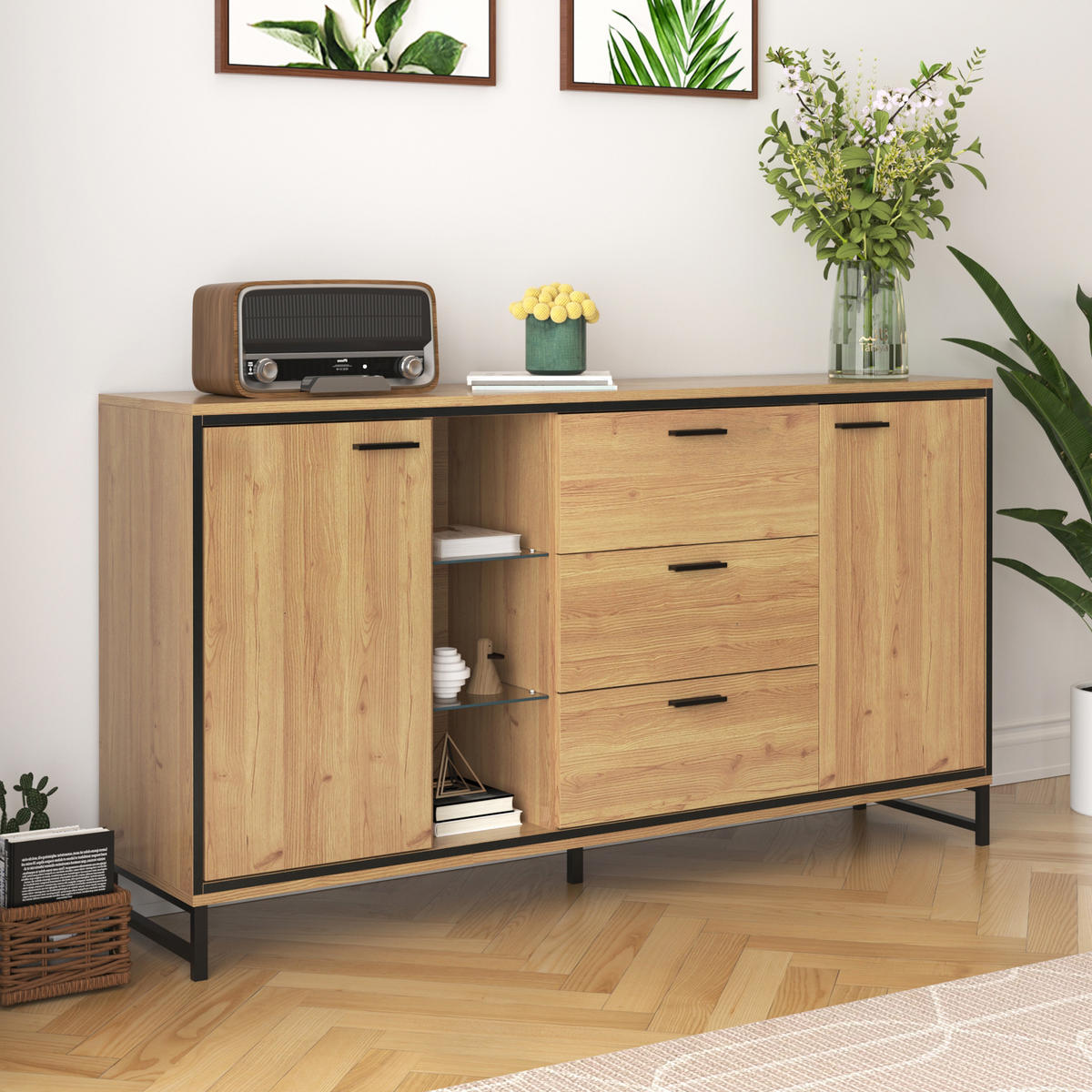 SIDEBOARD Holz Schwarz 3 Schubladen Ablage modern - Naturfarben, Holzwerkstoff (40/85/160cm) - FLIEKS