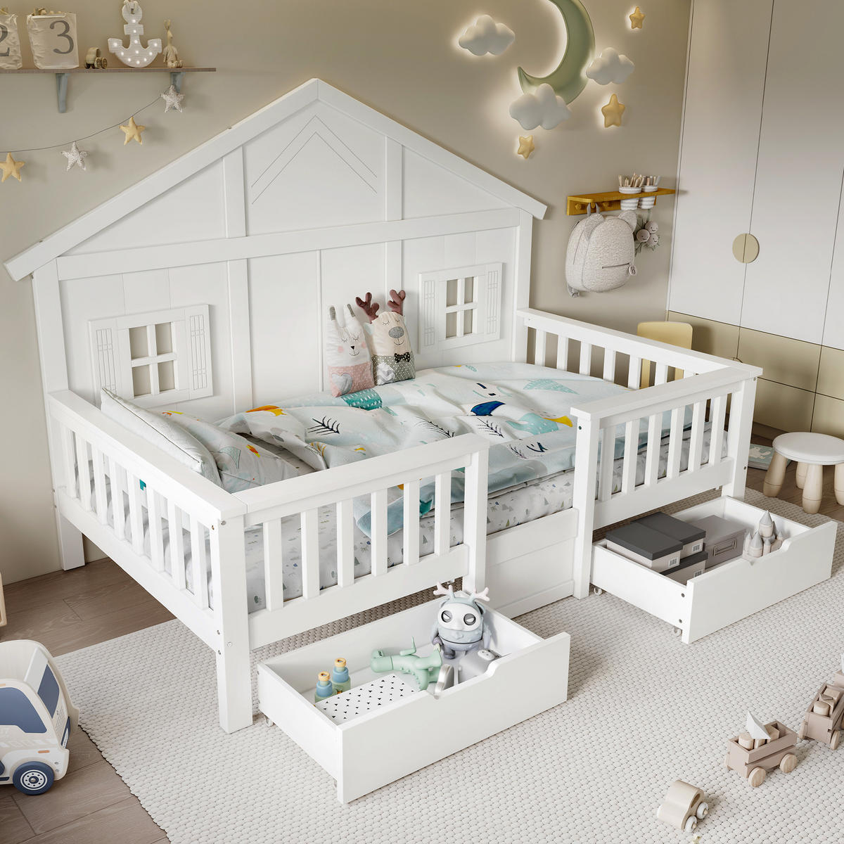 KINDERBETT 90x200 cm Haus Schubladen weiß - Weiß, Holz (90/200cm) - LEBENLANG