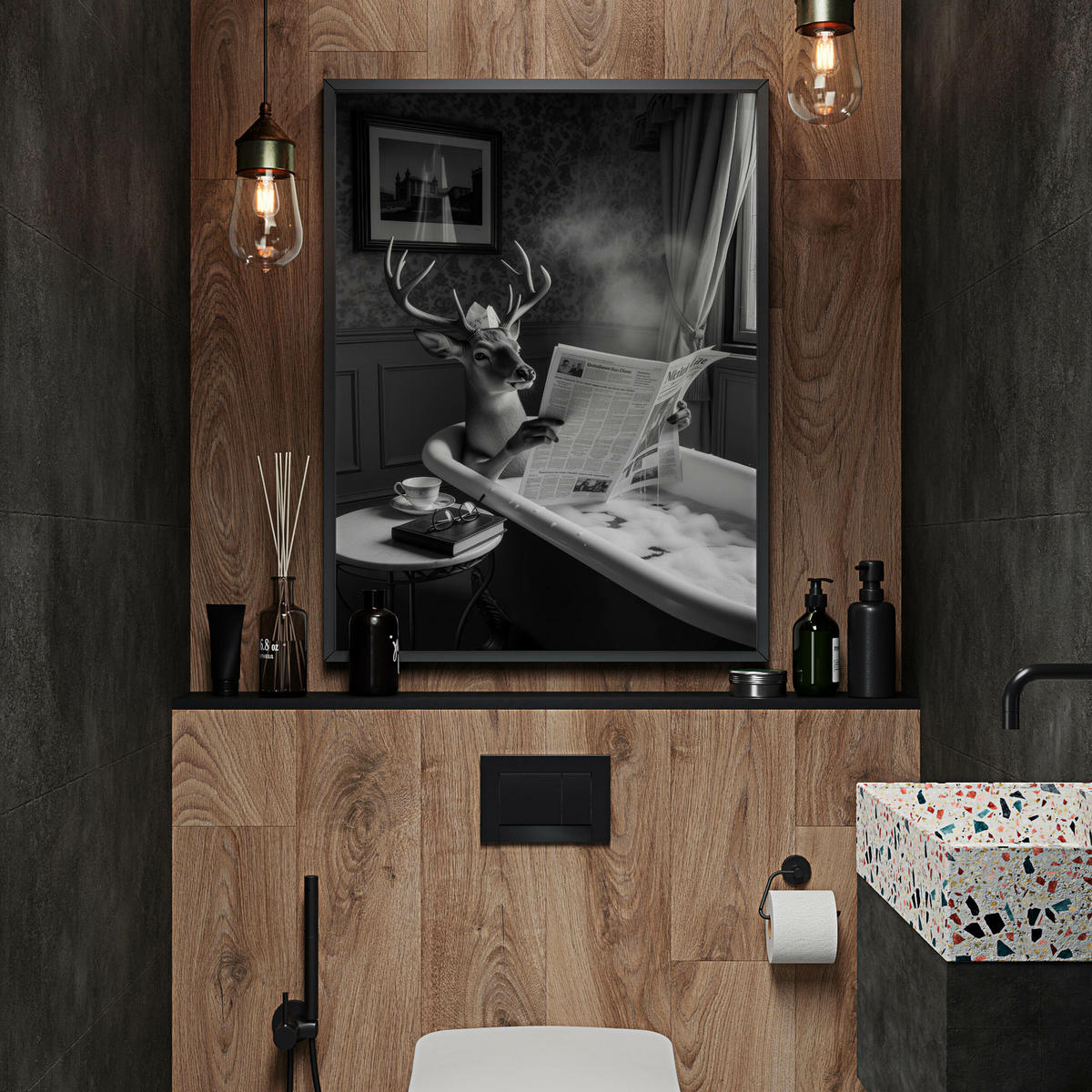 POSTER für Badezimmer WC Rehe HIRSCH in Badewanne Zeitung Abstraktion 30x40cm - Schwarz/Weiß, Papier (30/40/1cm) - Muralo