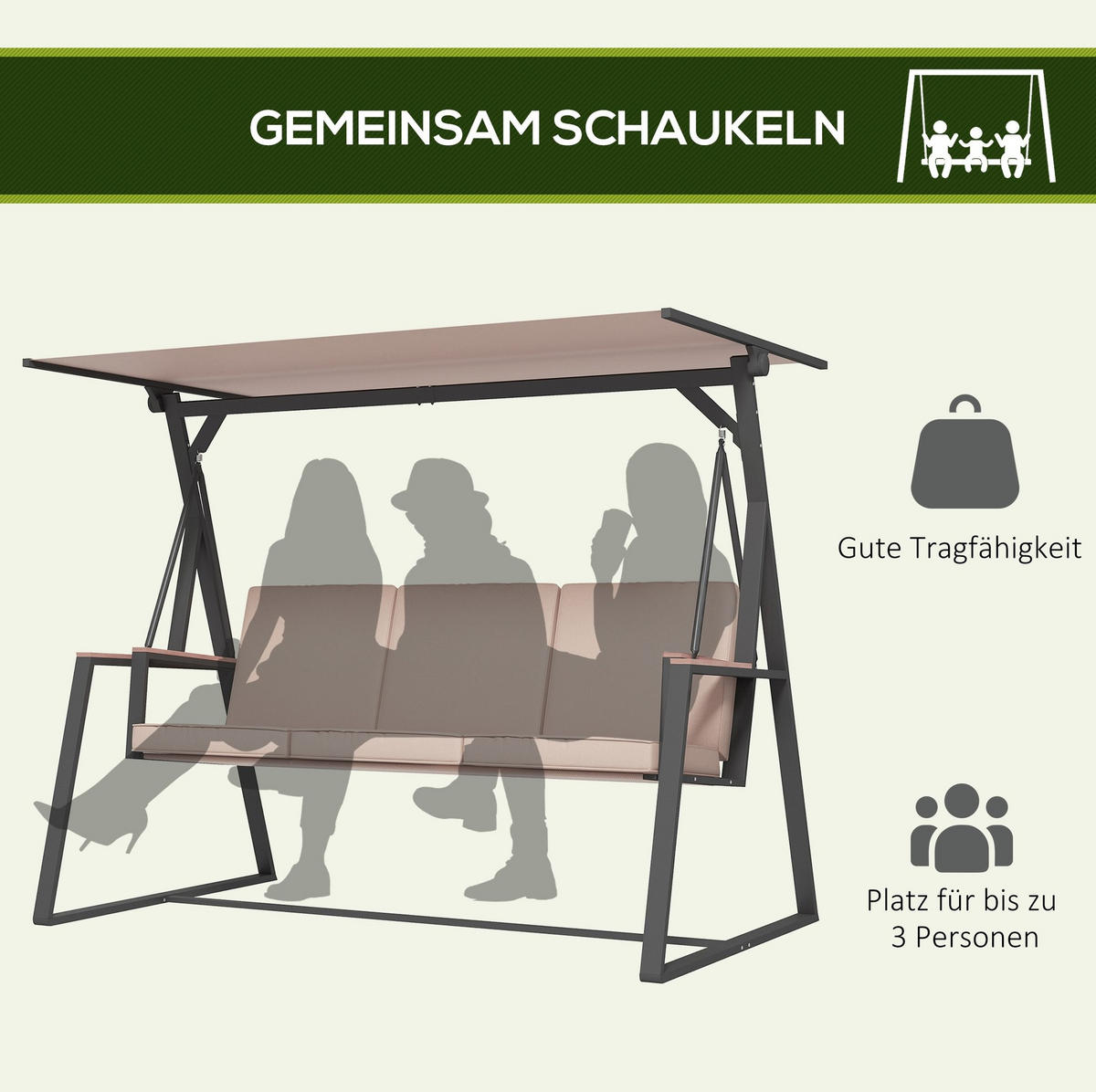 HOLLYWOODSCHAUKEL aus Stahl in Beige mit verstellbarem Sonnendach - Beige, Metall (205/175/130cm) - Modfu
