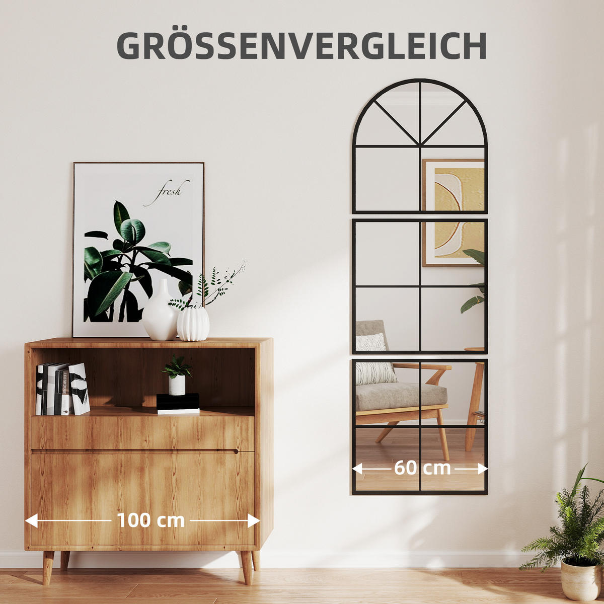 WANDSPIEGEL dreiteilig, bogenförmiger Spiegel mit Metallrahmen Hängespiegel - Schwarz, Glas (2/180/60cm) - HOMCOM