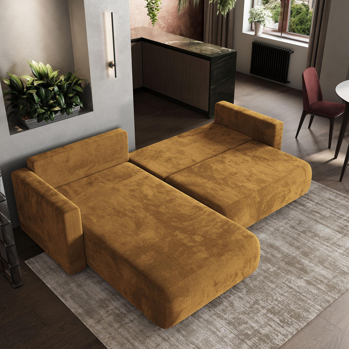 ROHOVÁ SEDAČKA TURIN žlutá - šedá/žlutá, dřevo/textil (265/183cm) - MASSENO