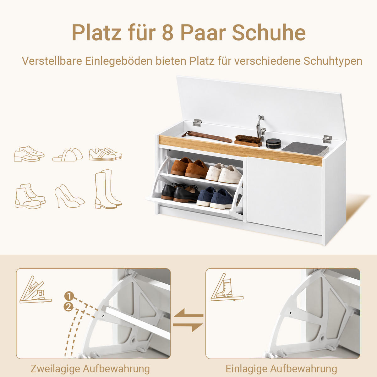 SCHUHBANK mit 2 Klappen, 104x47x30 cm, Weiß mit Holz-Sitzfläche, 8 Paar Schuhe, für Flur, Diele & Schlafzimmer - Weiß, Holzwerkstoff (104/47/30cm) - SoBuy
