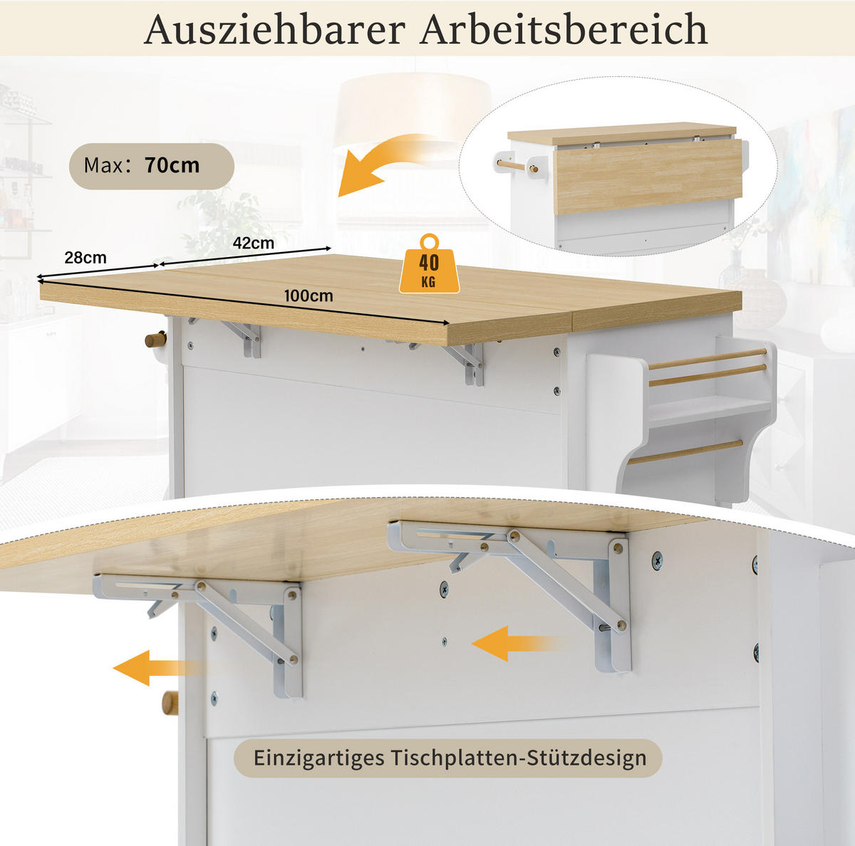 KÜCHENINSEL 100/42-70/91,5 cm mit ausklappbarer Arbeitsplatte, Rollen und Weinglashalter, Weiß/Natur - Weiß, Holzwerkstoff (100/91.5/70cm) - Redom