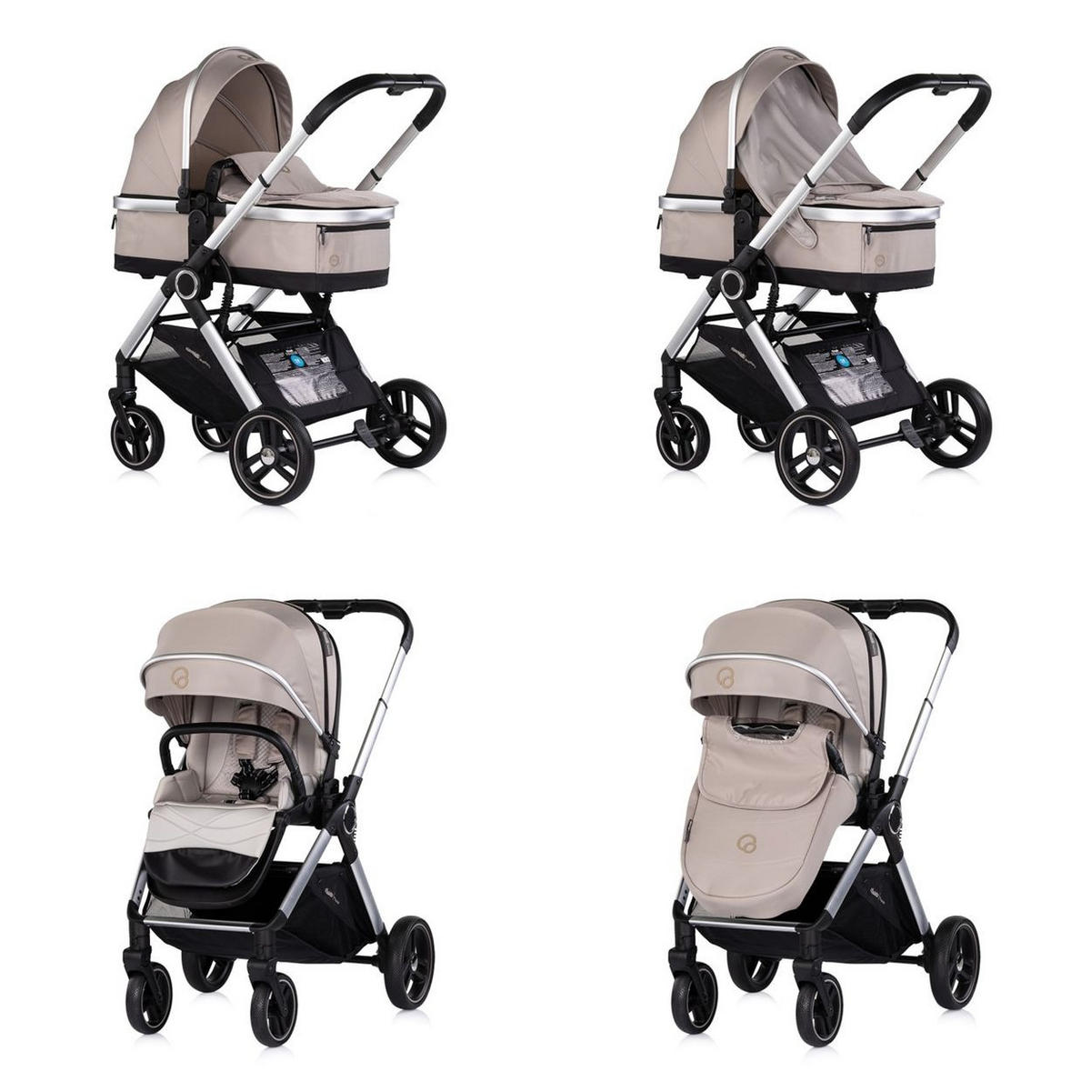 KOMBIKINDERWAGEN Euphoria 3in1 beige Sportsitz Babyschale umbaubar klappbar - Beige, Metall (88/64/107cm) - Chipolino
