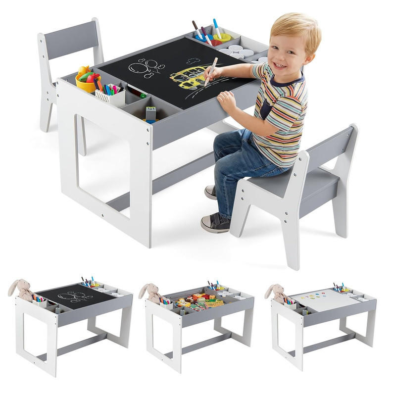KINDERTISCH mit Stuhl grau(3-tlg) - Grau, Holzwerkstoff (80/48/49cm) - COSTWAY
