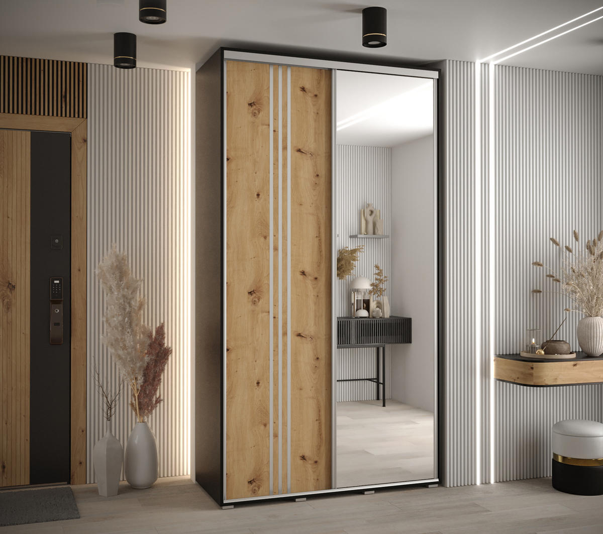 SCHWEBETÜRENSCHRANK 235,2/130/60 2-türig - Silberfarben/Schwarz, Holz/Metall (130/235/60cm) - Abiks Möbel