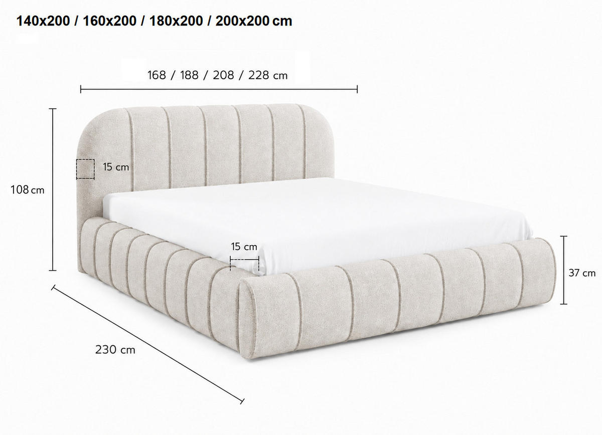 POLSTERBETT 140x200 Lunea, Samt, Metallrahmen, Bettkasten, Hellgrau - Hellgrau, Holz/Textil (140/200cm) - Emporius