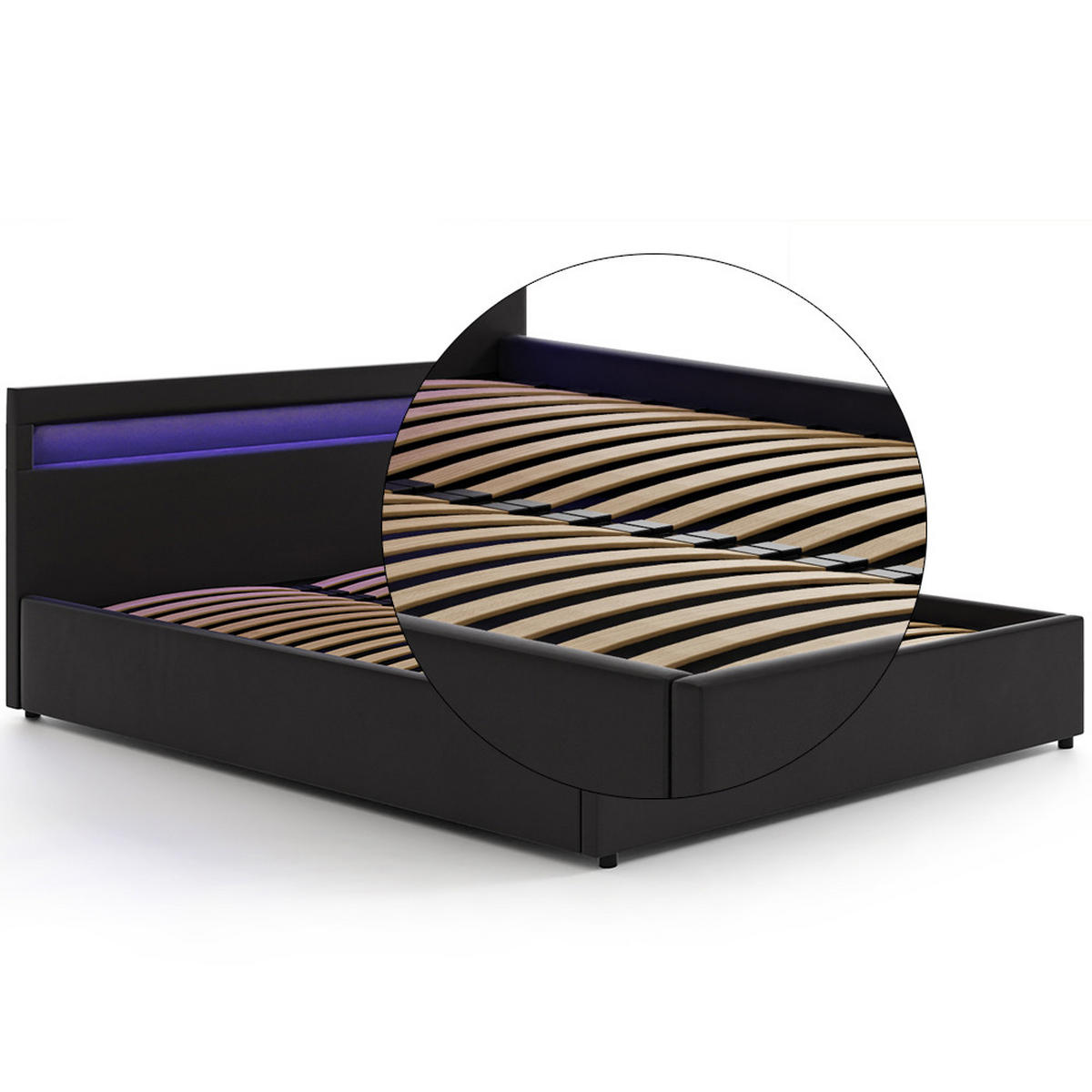 POLSTERBETT 140×200 mit Bettkasten und Lattenrost Nira Öko-Leder schwarz LED - Schwarz, Holz (140/200cm) - Jana
