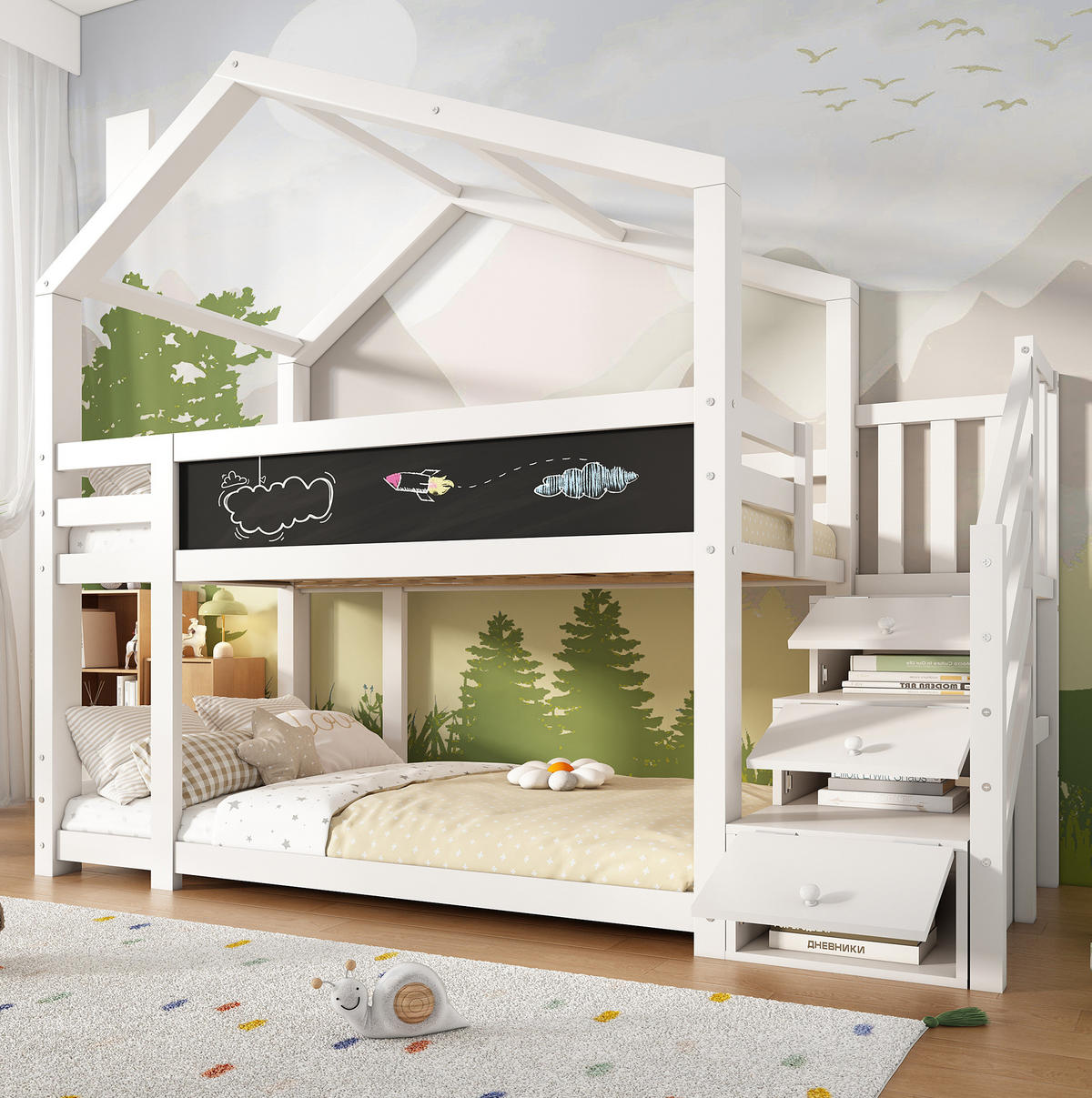 ETAGENBETT 90/200 cm in Weiß mit Tafel und Stauraum im Baumhaus-Design - Weiß, Holzwerkstoff (90/200cm) - OKMYHOME