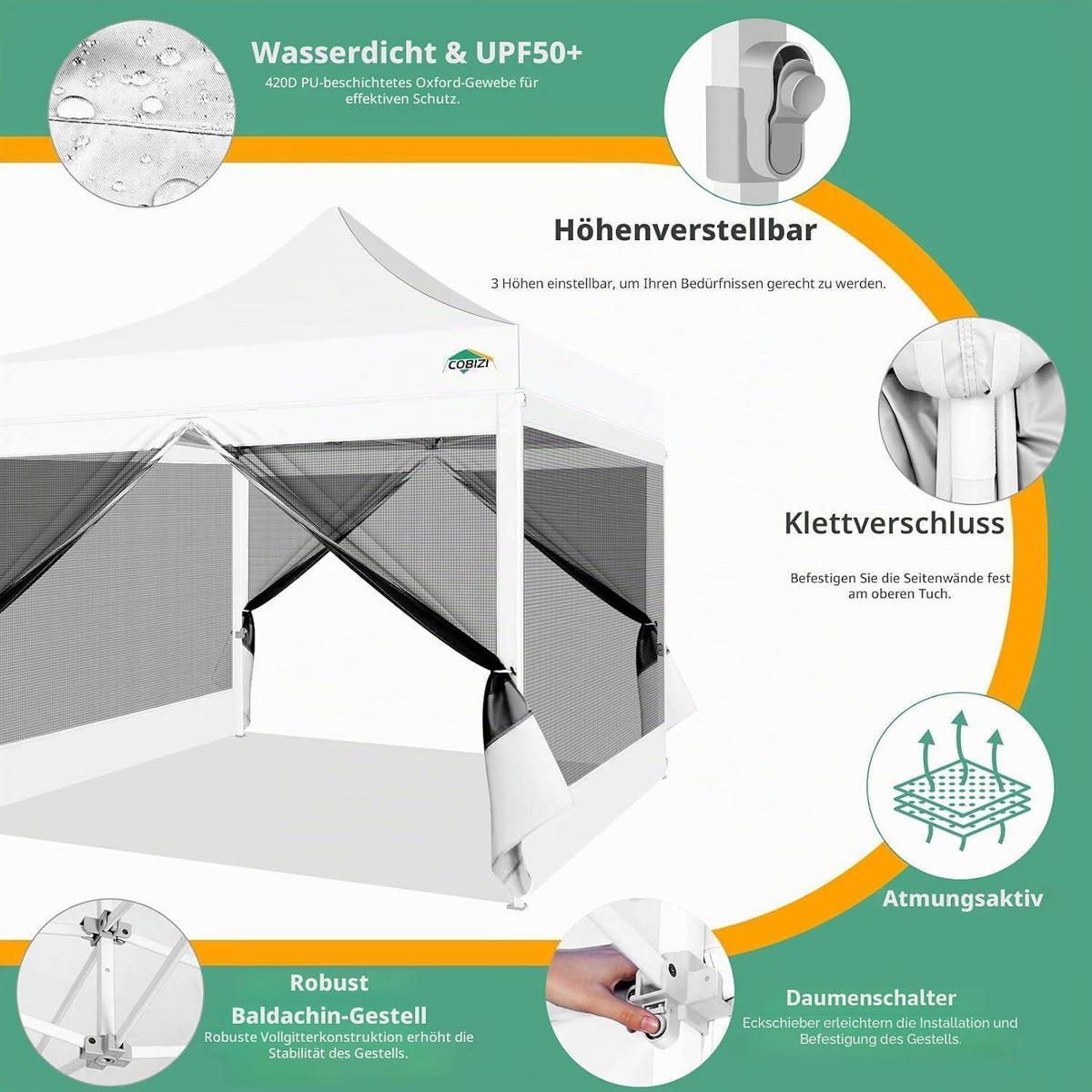 GARTENPAVILLON 3x3m Wasserdicht mit 4 Netz-Seitenwänden Weiß - Weiß, Textil (300/335/300cm)