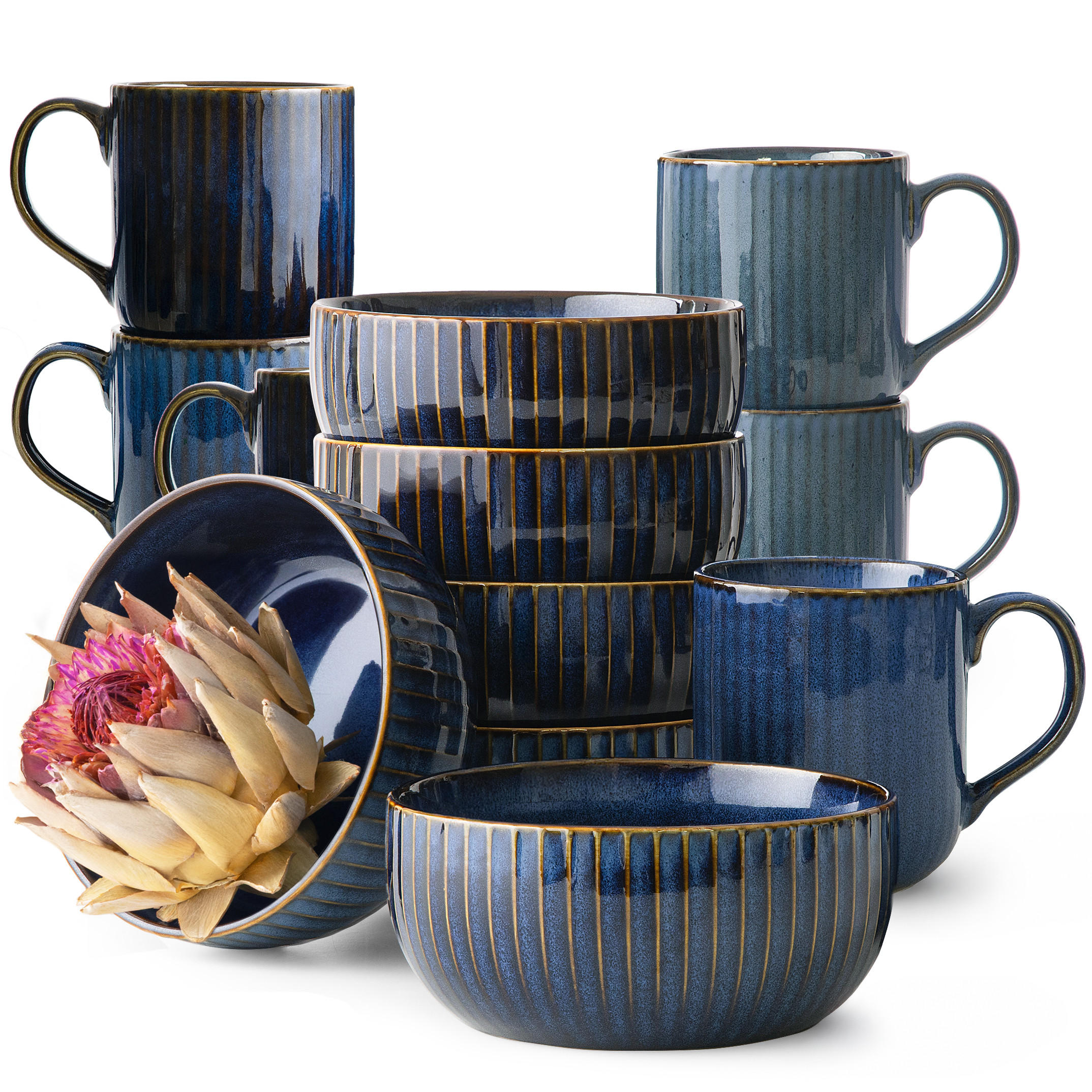 FRÜHSTÜCKS-SET AD STRIPES 6 PERSONEN, 12-tlg - Dunkelblau, Keramik (15/10/15cm) - KONSIMO®