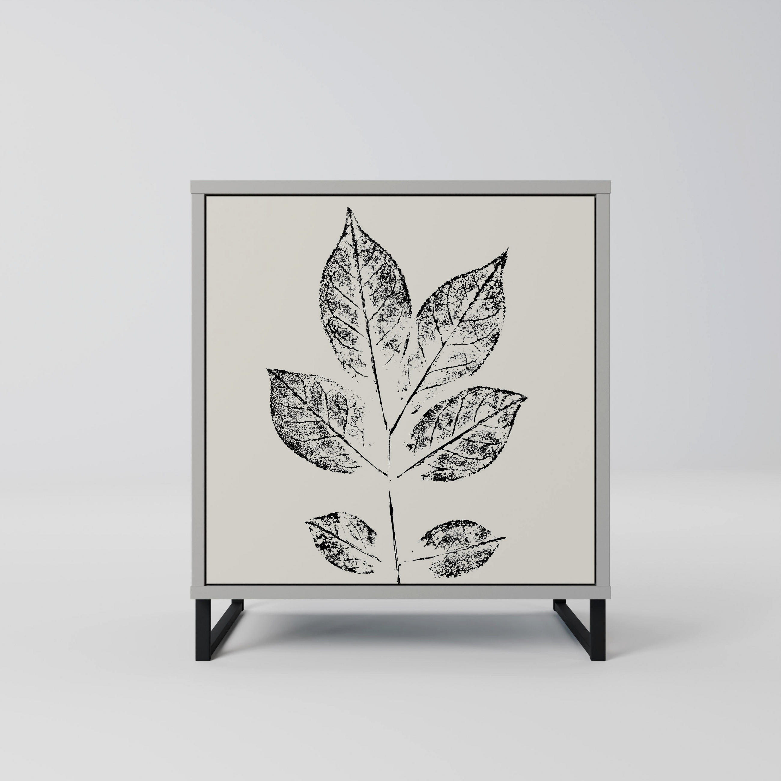 SIDEBOARD LEAFY STAMPS, Grau, 57,5x42x67,5 cm, Schwarze Metall-Rahmenfüße - Multicolor/Schwarz, Holzwerkstoff/Metall (57.5/67.5/42cm) - SpaceRebels