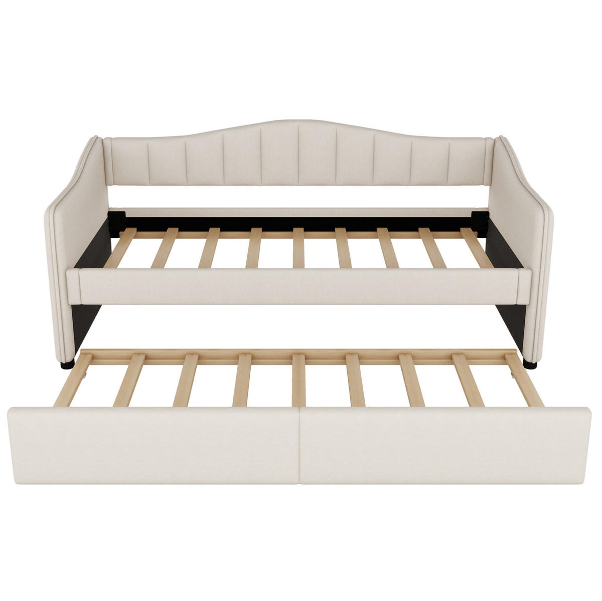 TAGESBETT 90/200 cm mit ausziehbarem Rollbett und LED-Beleuchtung, Leinenbezug, Beige - Beige, Textil (90/200cm) - Redom